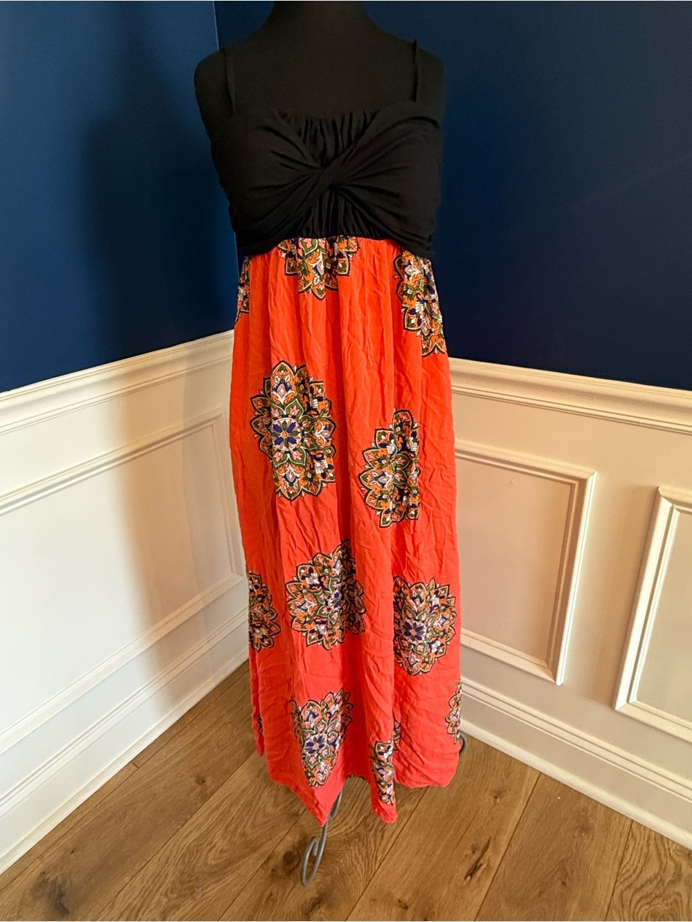 Anthropologie Black and Orange Floral Maxi Dress